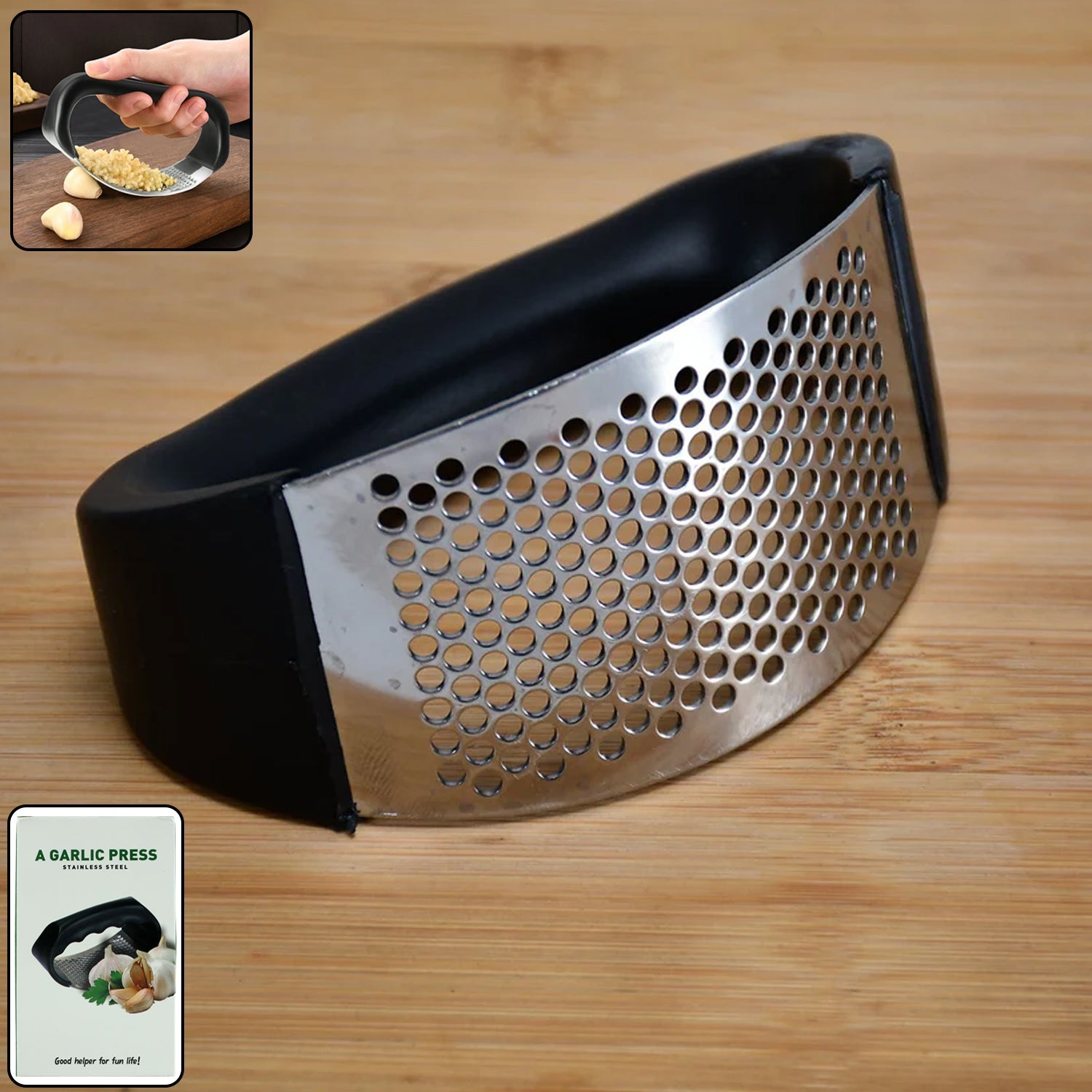 Premium curved garlic press for effortless crushing