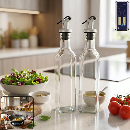Glass Oil Dispenser Bottle 2 Pc Set Transparent Square Kitchen Main